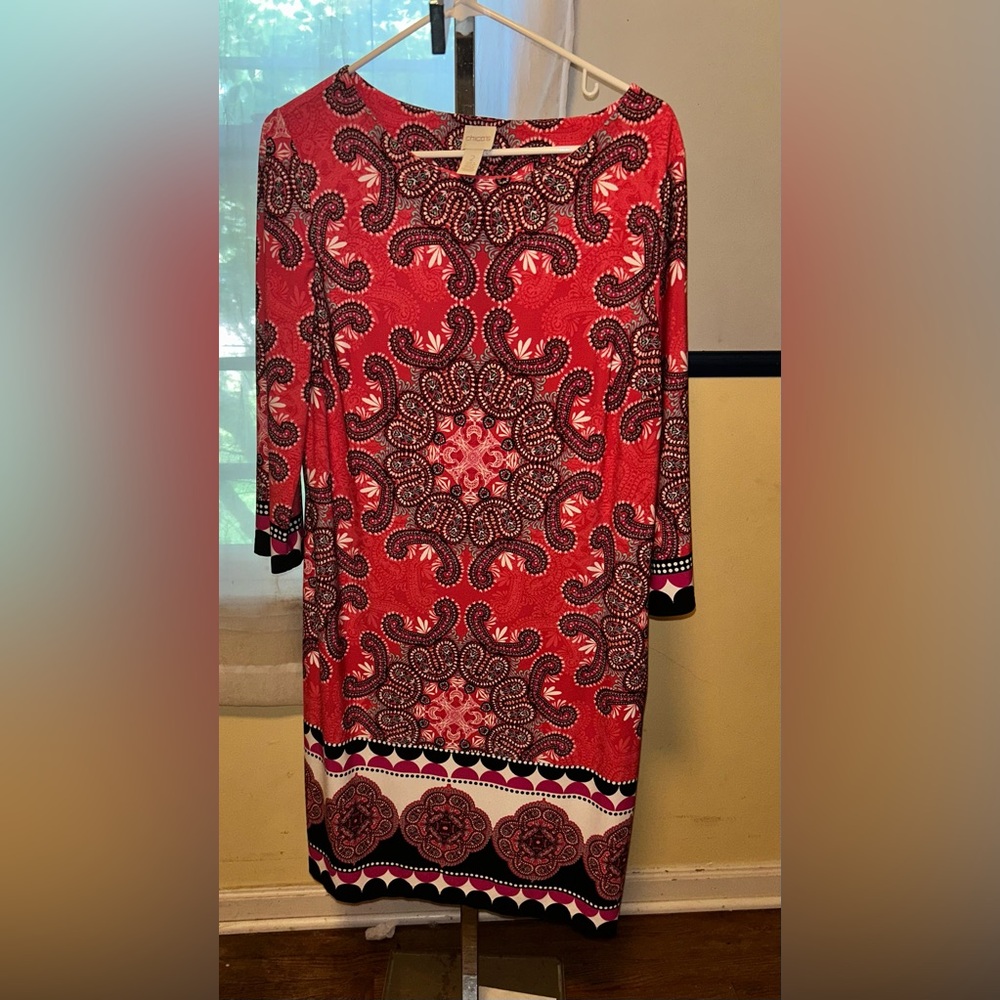 Chicos 2 Large Hot Pink Mandala 3/4 Sleeve Printed Midi Long Dress